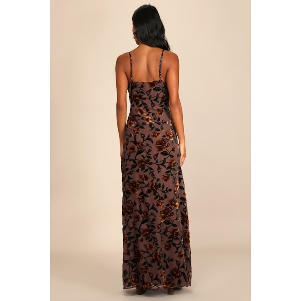 Lulus Romance Brown Burnout Velvet Floral Cowl Neck Maxi Dress Slit Gown size S - Picture 4 of 15